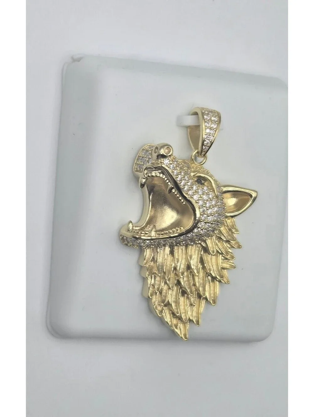 NEW Solid 925 Steling Silver 1.5CTW MOISSANITE Wolf Head Pendant, 14k Gold Over